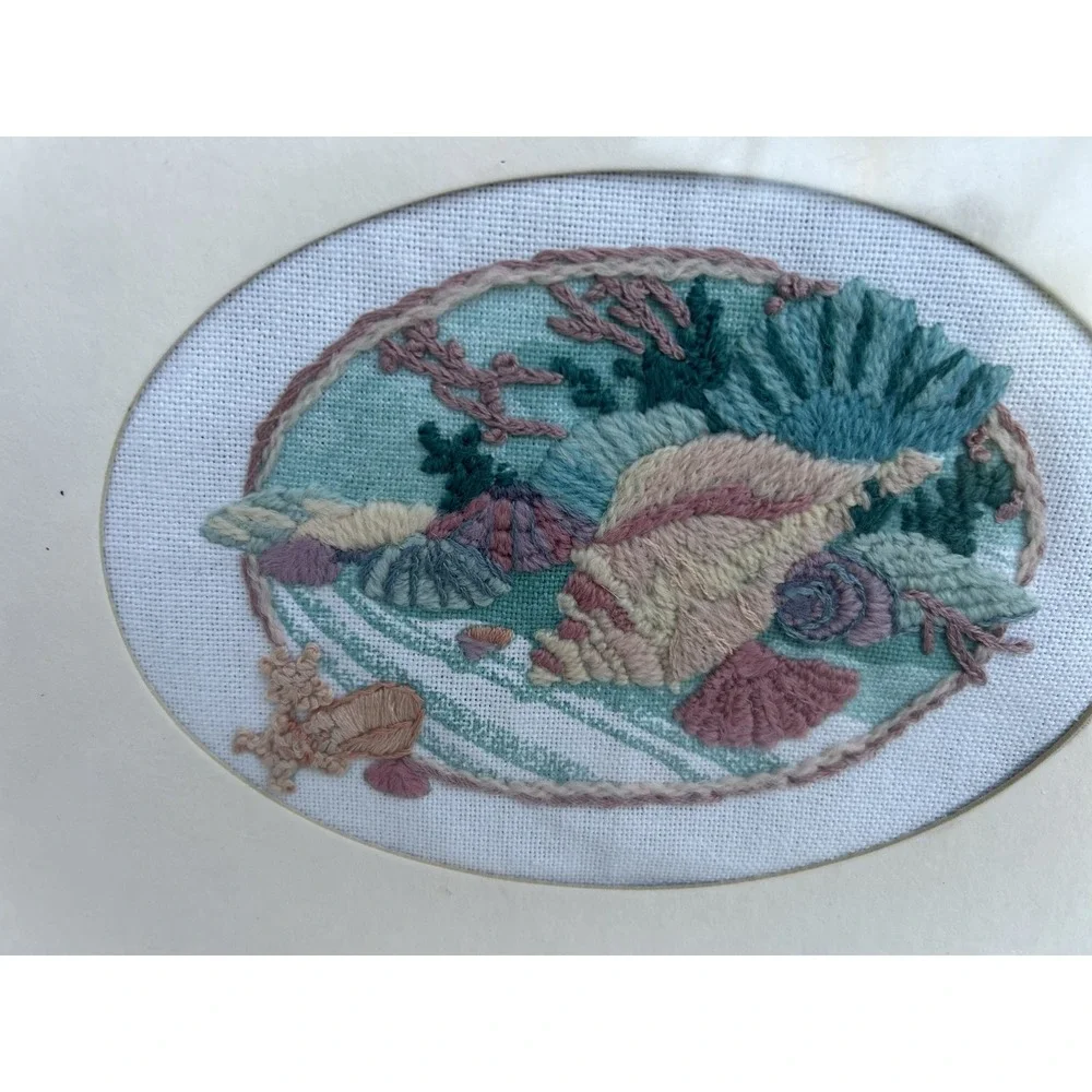 Vintage Seashell Needlepoint Framed Wall Art Coastal Beach House Decor 8x10